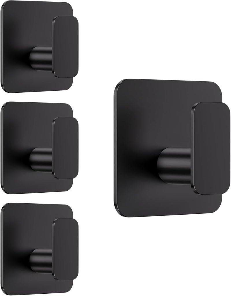 Aikzik Black Hooks for Hanging Heavy Duty, Adhesive Hooks for Shower, Bathroom, Kitchen, Robe, Towel, Coat, Waterproof & Rustproof Hook for Walls No Damage, Sticky Wall Towel Hooks - 4 Pack - Image 1